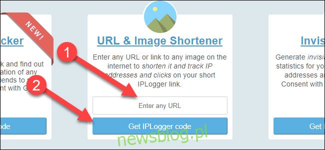 Trang công ty đăng ký IP với mũi tên chỉ vào tùy chọn rút ngắn URL và nút tải xuống mã iplogger