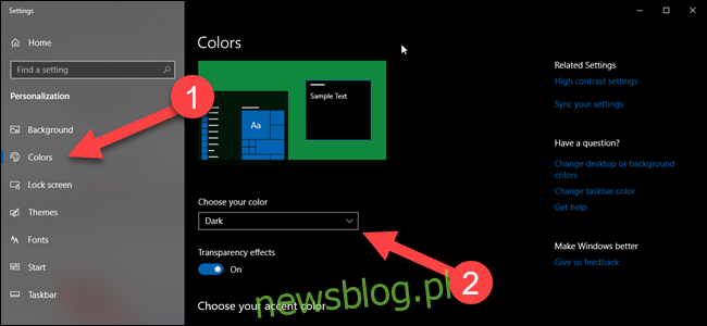 Trang cài đặt màu hệ thống Windows với các mũi tên chỉ màu sắc và tùy chọn chủ đề