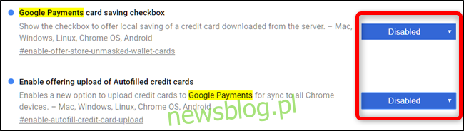 Chọn Đã tắt từ menu thả xuống cho cả hộp kiểm tiết kiệm thẻ Google Payments và Bật ưu đãi để gửi cờ cho thẻ tín dụng tự động điền