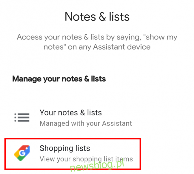Danh sách mua sắm của Trợ lý Google
