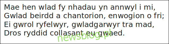 một hình ảnh chứa văn bản của câu đầu tiên của quốc ca xứ Wales.