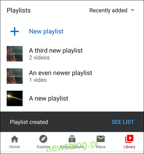 Danh sách playlist đã tạo YouTube trên tab Thư viện trong ứng dụng YouTube