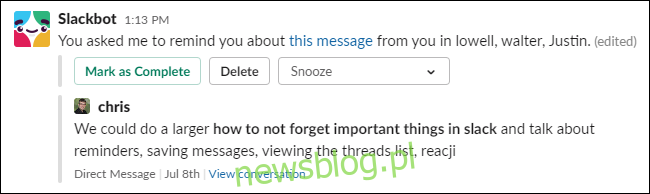 Tin nhắn nhắc nhở từ Slackbot.
