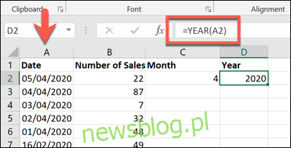 Các hàm THÁNG và NĂM, được hiển thị trong trang tính Microsoft Excel