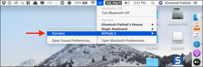 Nhấp vào Kết nối từ menu AirPods trong Bluetooth