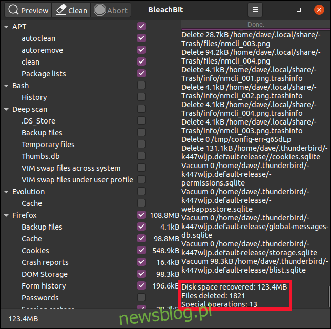 Cửa sổ chính của BleachBit hiển thị số lượng tệp đã xóa và dung lượng ổ cứng được phục hồi.