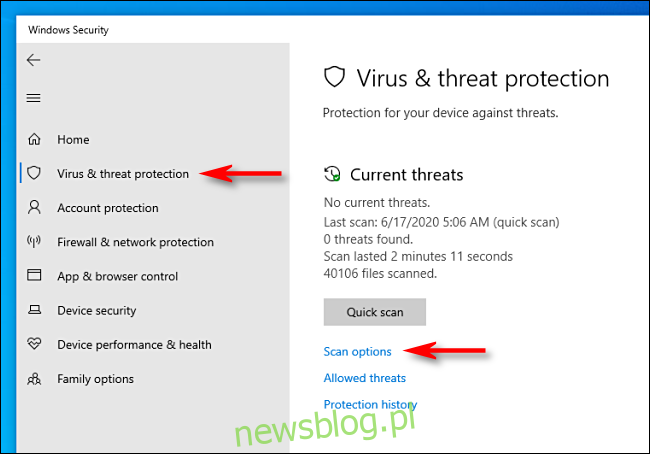 Nhấp vào Tùy chọn quét của Bộ bảo vệ Microsoft trên hệ thống của bạn Windows 10