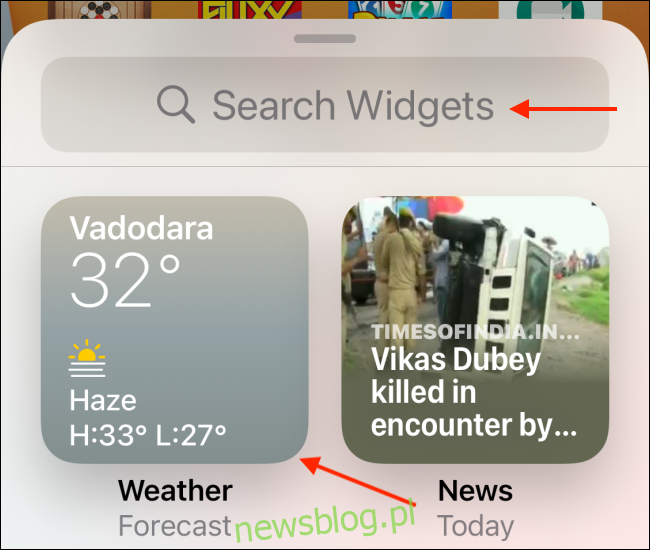 Chọn một widget hoặc tìm kiếm một ứng dụng