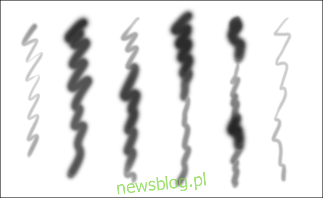 Sáu đường lượn sóng được tạo bằng cùng một cọ vẽ trong Photoshop ở các áp suất khác nhau. 