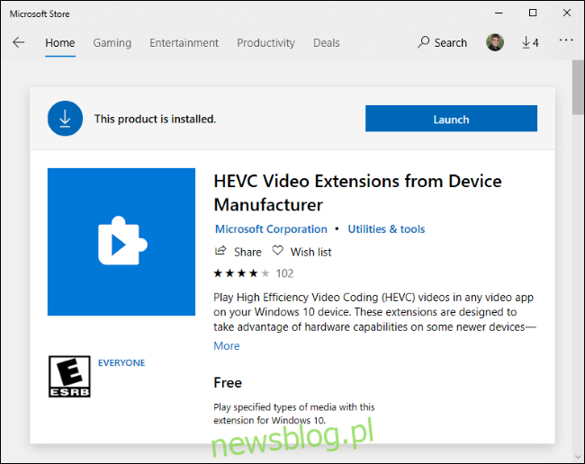 Phần mở rộng video HEVC miễn phí trên Microsoft Store.