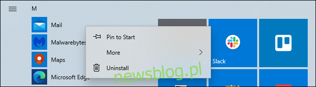 Gỡ cài đặt ứng dụng Thư hệ thống Windows 10 từ menu Bắt đầu.