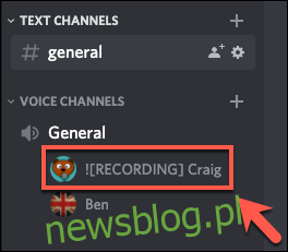 Bot Discord Craig ở trạng thái ghi âm