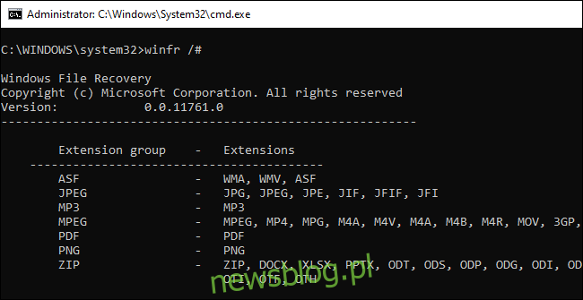 Thông tin về các nhóm phần mở rộng tệp winfr được hiển thị trong dòng lệnh.