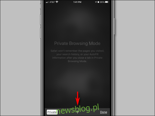 Nhấn vào dấu cộng trong chế độ duyệt web riêng tư trong Safari cho iPhone