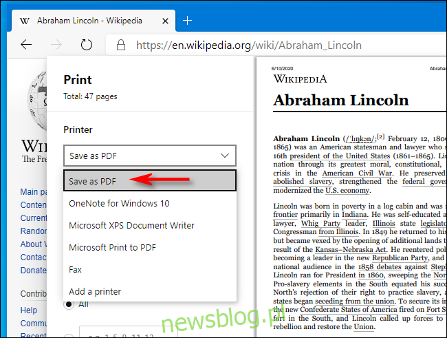 Chọn Lưu dưới dạng PDF trong cửa sổ In trong Microsoft Edge