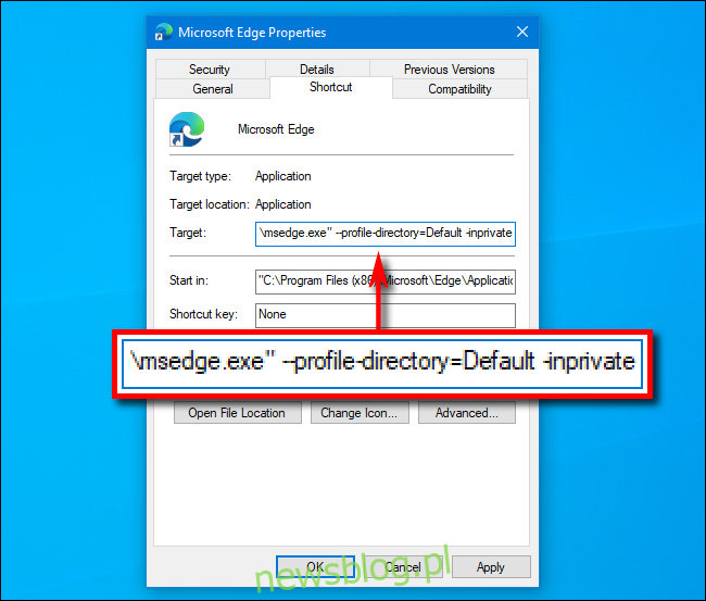 Thêm InPrivate vào đường dẫn lối tắt đến Microsoft Edge trên hệ thống của bạn Windows 10