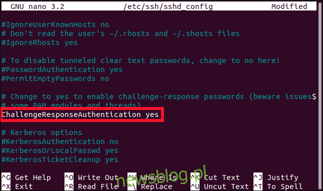 Tệp sshd_config được mở trong trình chỉnh sửa nano với dòng ChallengeResponseAuthentication được tô sáng trong cửa sổ đầu cuối.