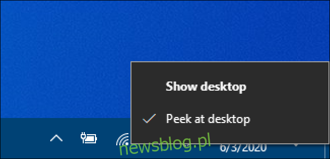 Windows  10 Hiển thị nút trên màn hình bằng cách nhấp chuột phải - kiểm tra bên cạnh Peek at Desktop