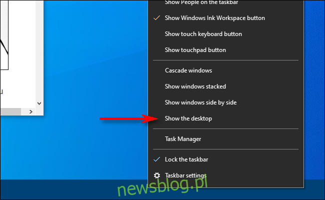Nhấp chuột phải vào thanh tác vụ trên hệ thống của bạn Windows 10 và chọn Hiển thị màn hình nền