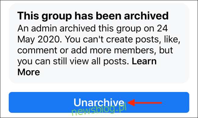 Nhấn vào Hủy lưu trữ để hủy lưu trữ nhóm Facebook