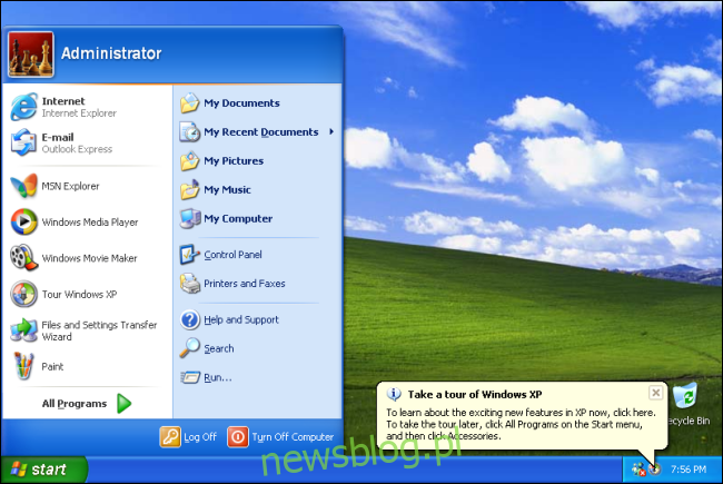 Menu bắt đầu trên máy tính để bàn Windows XP với cánh đồng xanh và bầu trời. 