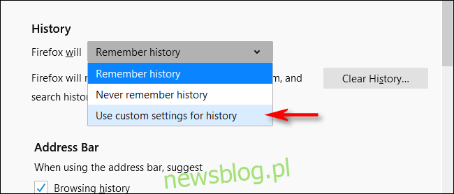 Nhấp vào Sử dụng cài đặt lịch sử tùy chỉnh trong Firefox