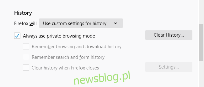 Luôn sử dụng chế độ duyệt web riêng tư đã chọn trong Firefox