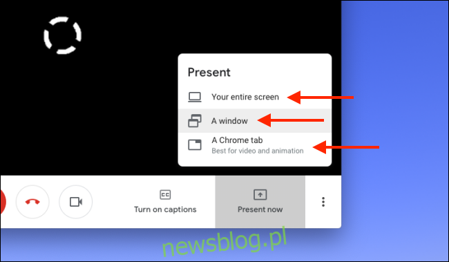 Chọn chia sẻ màn hình, cửa sổ hoặc tab Chrome của bạn trong Google Meet