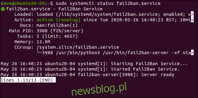 Sudo systemctl status fail2ban.service trong cửa sổ đầu cuối.