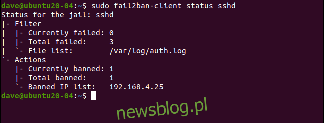 Sudo fail2ban-client sshd status trong cửa sổ đầu cuối.