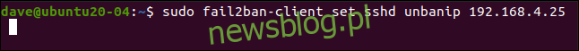 Sudo fail2ban-client đặt sshd unbanip 192.168.5.25 trong cửa sổ đầu cuối.