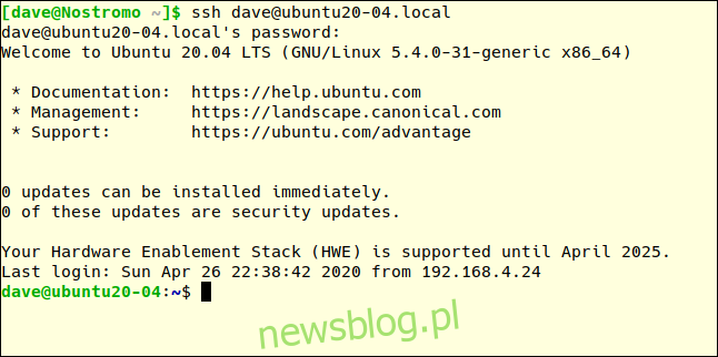 ssh dave@ubuntu20-04.local trong cửa sổ đầu cuối.