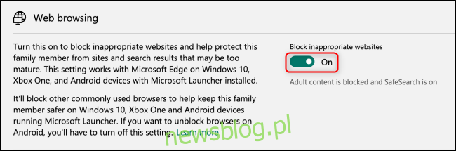 Chuyển đổi chặn duyệt web cho Microsoft Family Group