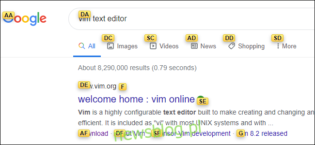 Trang kết quả của Google trong đó mỗi liên kết được bao phủ bởi nhãn hai chữ cái màu vàng.