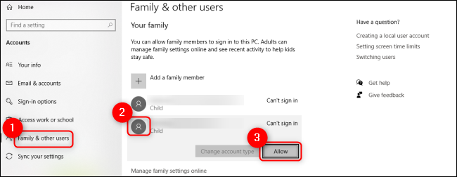 Windows  10 Cho phép người dùng trẻ em