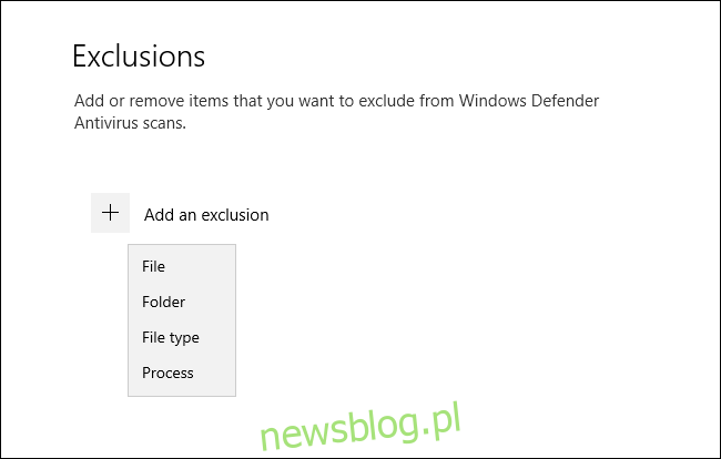 Menu loại trừ trong Bảo mật hệ thống Windows cho hệ thống Windows 10