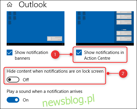 Hai tùy chọn trong tùy chọn thông báo Outlook.