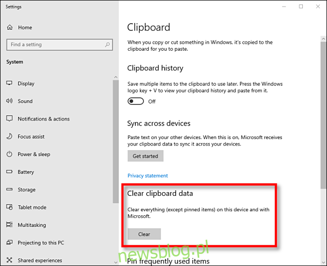 Xóa dữ liệu clipboard trong cài đặt hệ thống Windows 10