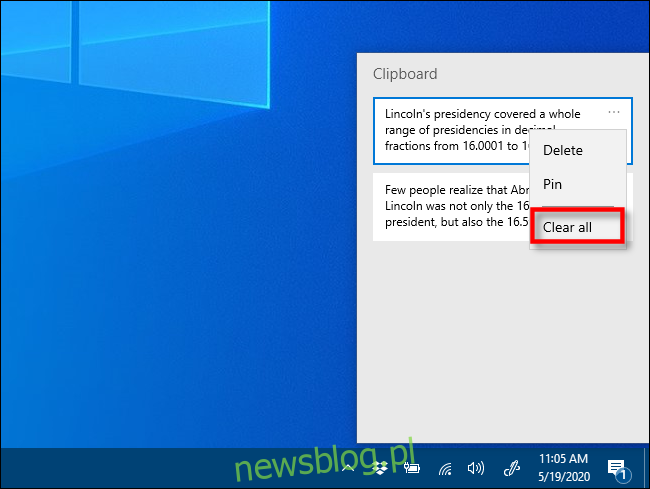 Nhấp vào xóa tất cả trong lịch sử clipboard trên hệ thống của bạn Windows 10