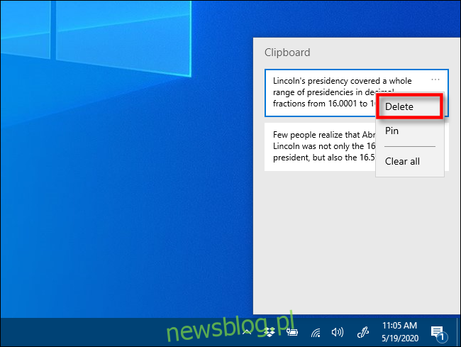 Nhấp vào Xóa trong lịch sử khay nhớ tạm của hệ thống của bạn Windows 10