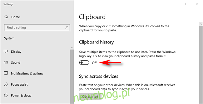 Nhấp vào công tắc lịch sử khay nhớ tạm trong cài đặt hệ thống Windows 10 để vô hiệu hóa nó
