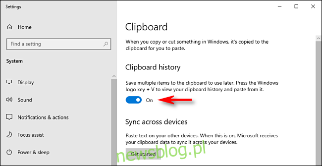 Nhấp vào công tắc lịch sử khay nhớ tạm trong cài đặt hệ thống Windows 10