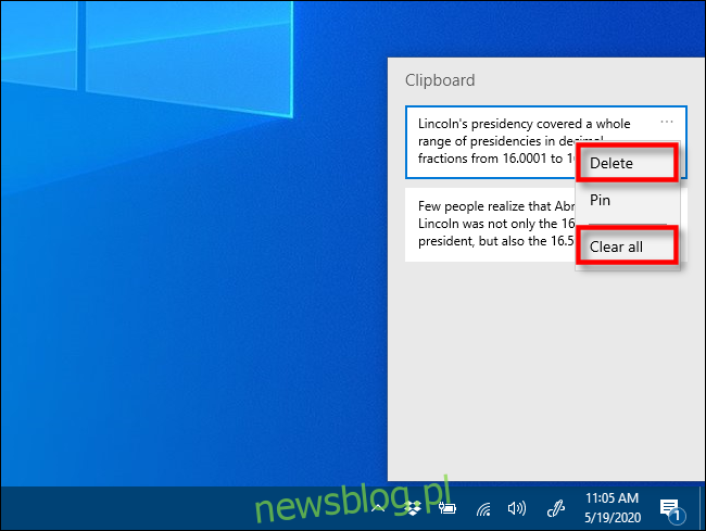 Nhấn Delete hoặc Clear All trong lịch sử clipboard để xóa các mục trong hệ thống Windows 10