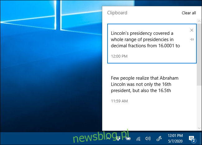 Cửa sổ lịch sử clipboard hệ thống Windows 10