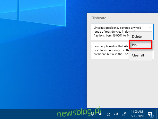 Nhấp vào Ghim trên lịch sử khay nhớ tạm của hệ thống của bạn Windows 10