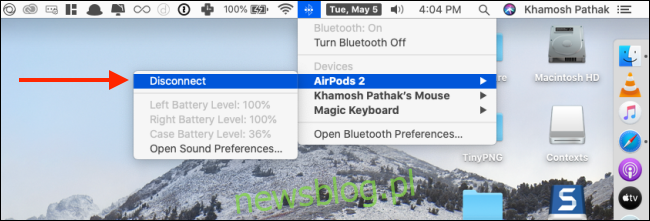 Nhấp vào Ngắt kết nối từ menu Bluetooth của AirPods trên máy Mac của bạn