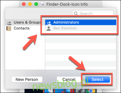 Chọn một người dùng hoặc nhóm người dùng, sau đó nhấn Chọn để thêm người dùng hoặc nhóm đó vào danh sách quyền đối với tệp macOS