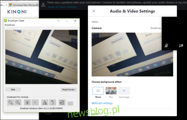 Ứng dụng khách DroidCam đang hiển thị bản xem trước camera của điện thoại Android.