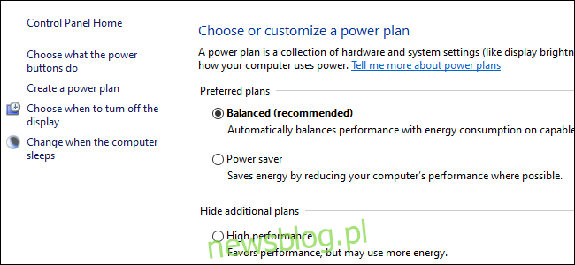 Ba nút radio hiển thị các tùy chọn gói điện trong Bảng điều khiển hệ thống Windows 10
