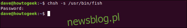 chsh -s /usr/bin/fish trong cửa sổ đầu cuối.